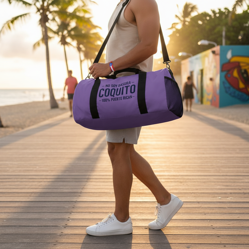 Lavender Coquito Duffel Bag — "No Soy Basura" 100% Puerto Rican Travel Gym Bag