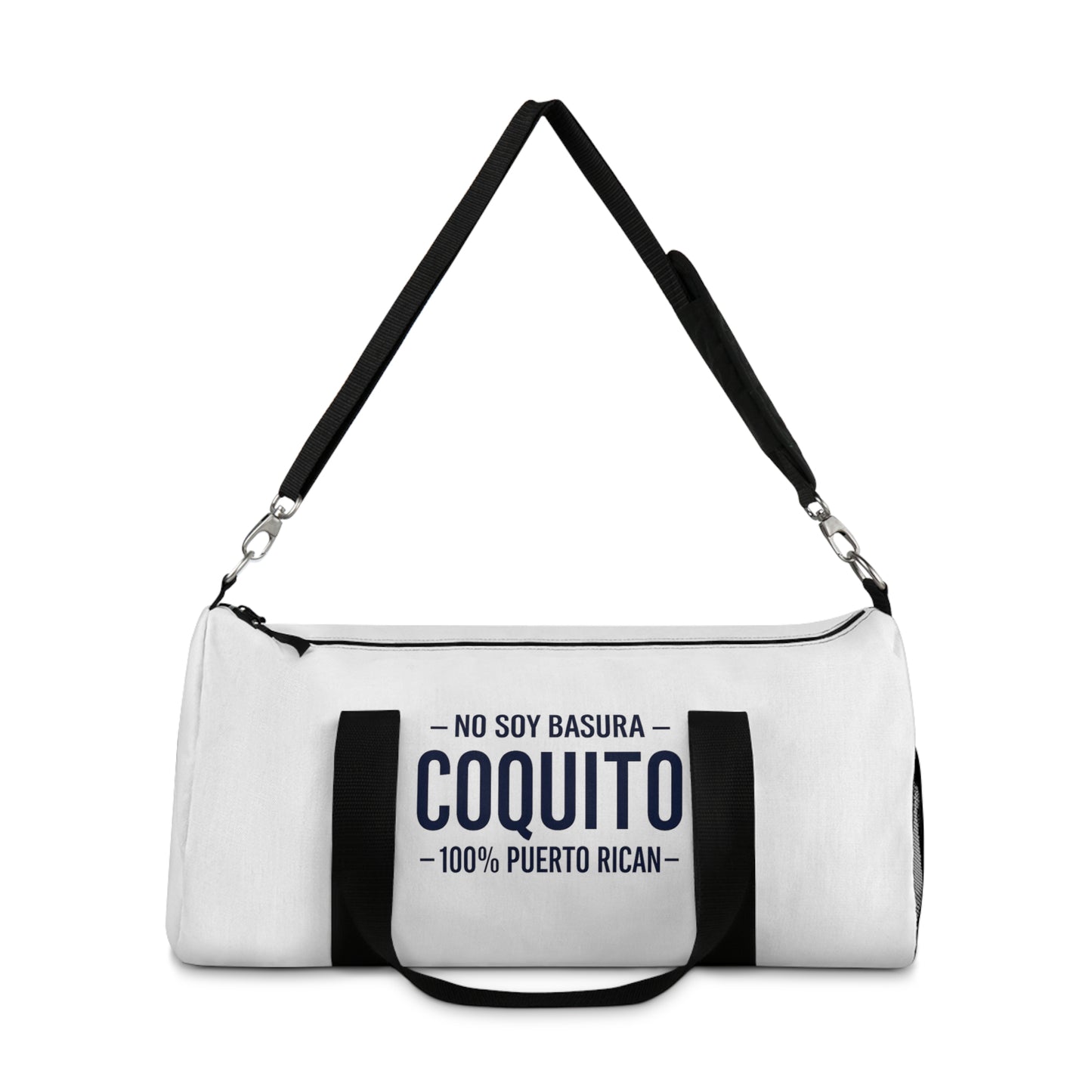 Coquito White Duffel Bag — "No Soy Basura" 100% Puerto Rican Travel Gym Bag