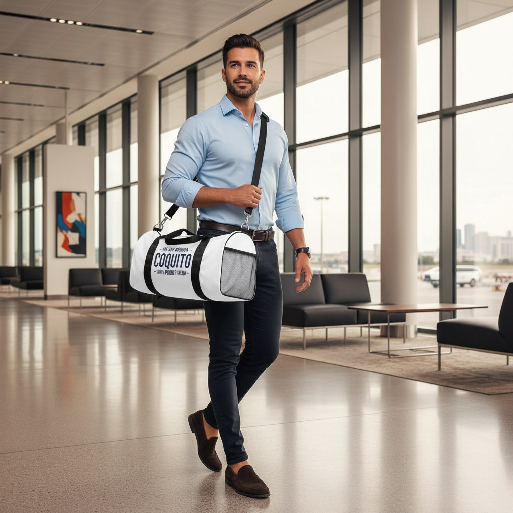 Coquito White Duffel Bag — "No Soy Basura" 100% Puerto Rican Travel Gym Bag