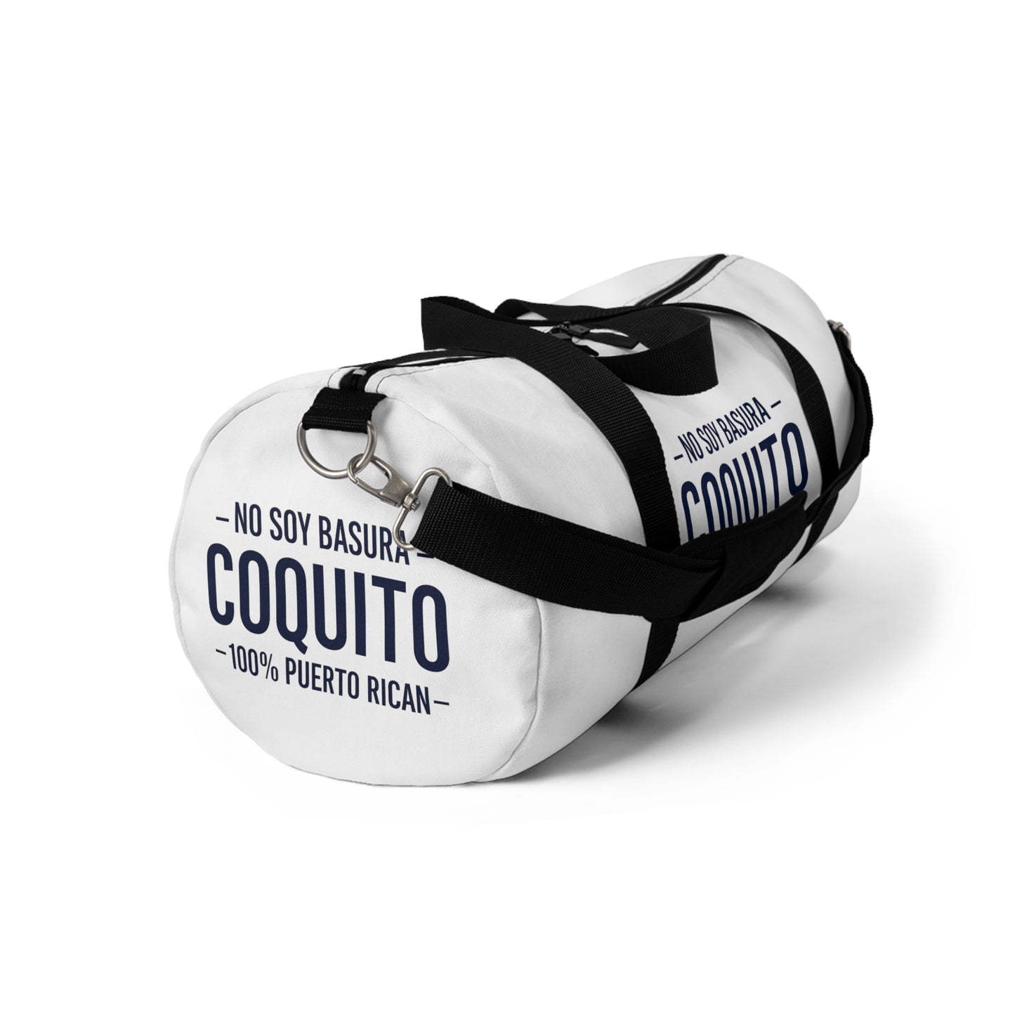Coquito White Duffel Bag — "No Soy Basura" 100% Puerto Rican Travel Gym Bag