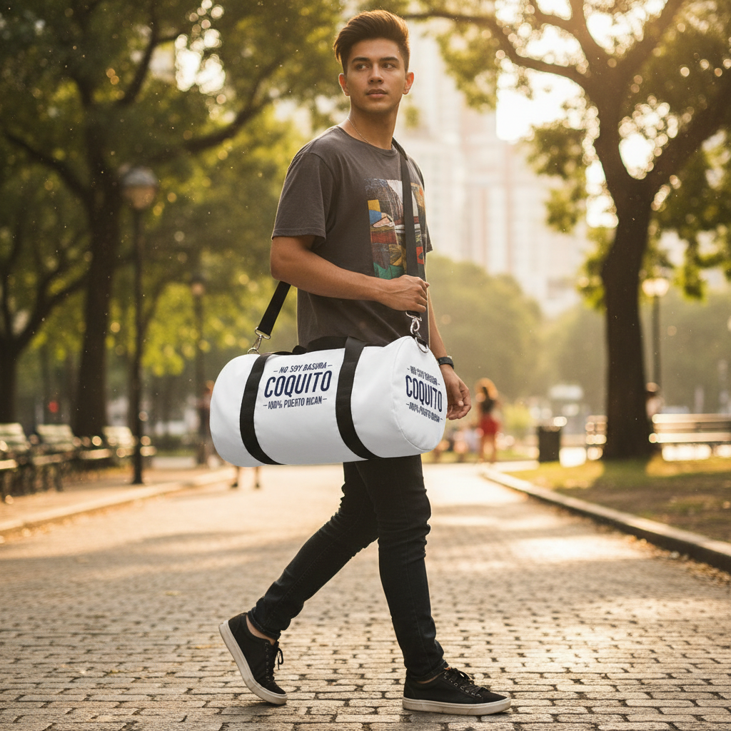 Coquito White Duffel Bag — "No Soy Basura" 100% Puerto Rican Travel Gym Bag