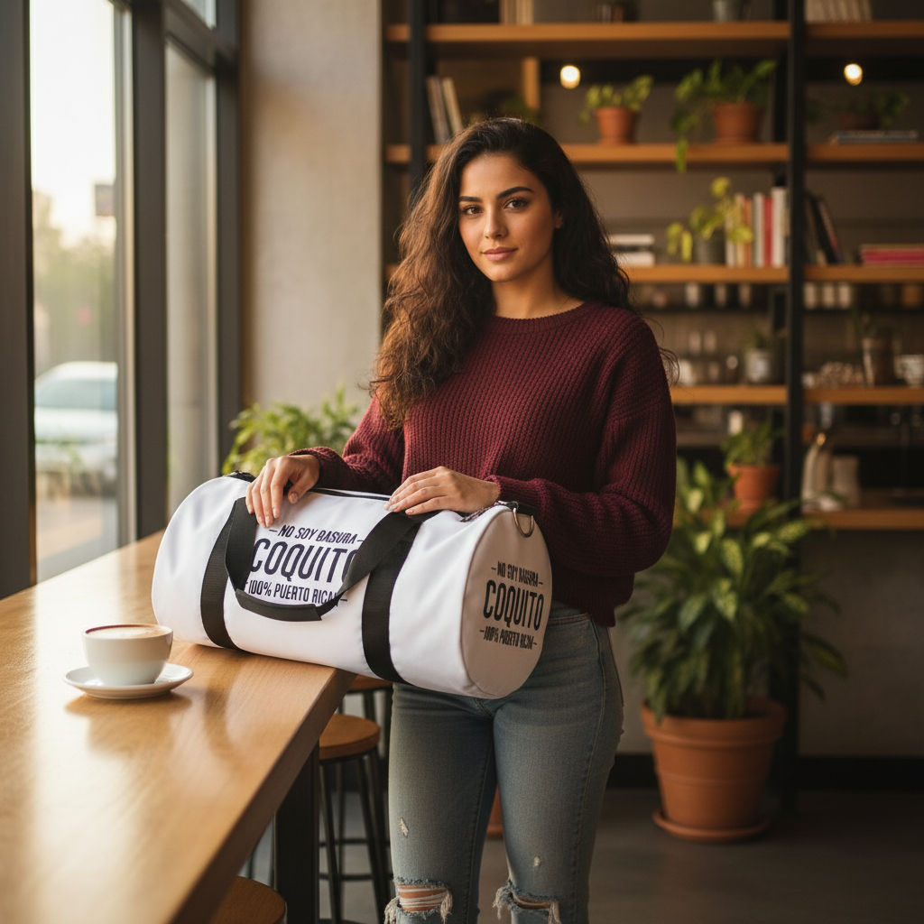 Coquito White Duffel Bag — "No Soy Basura" 100% Puerto Rican Travel Gym Bag