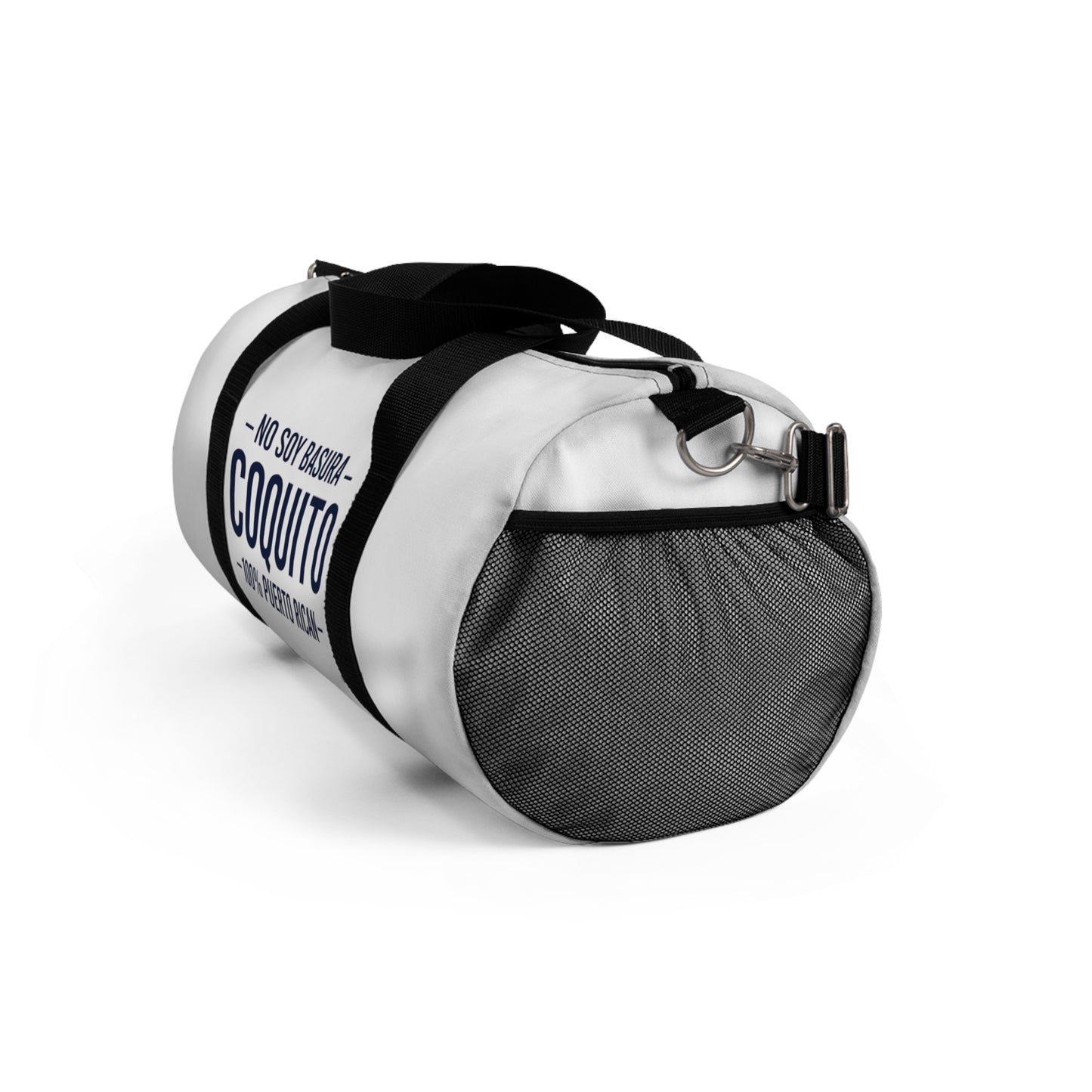 Coquito White Duffel Bag — "No Soy Basura" 100% Puerto Rican Travel Gym Bag