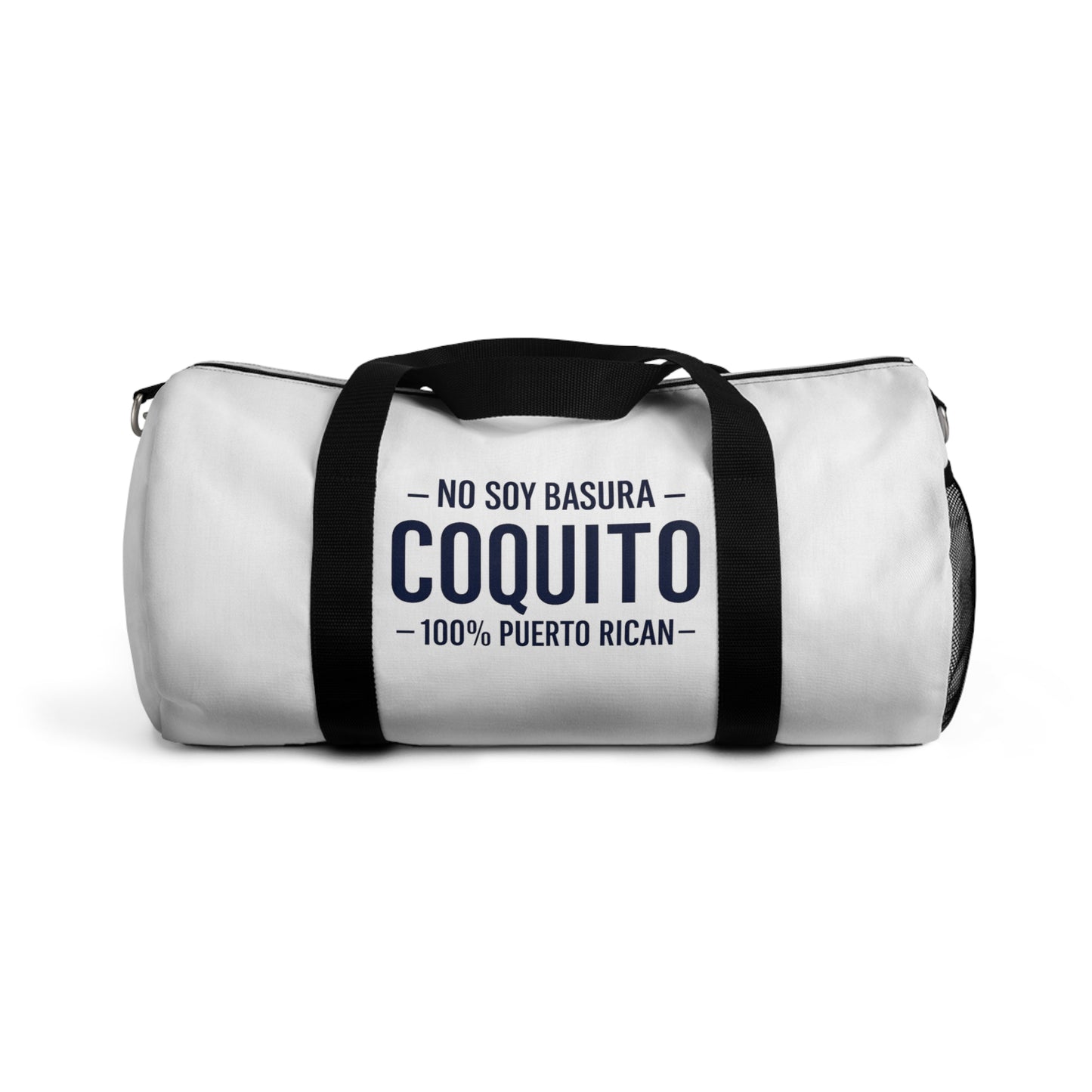 Coquito White Duffel Bag — "No Soy Basura" 100% Puerto Rican Travel Gym Bag