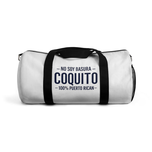 Coquito White Duffel Bag — "No Soy Basura" 100% Puerto Rican Travel Gym Bag