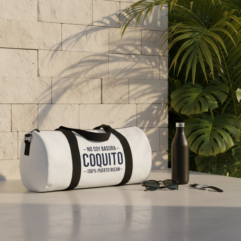 Coquito White Duffel Bag — "No Soy Basura" 100% Puerto Rican Travel Gym Bag