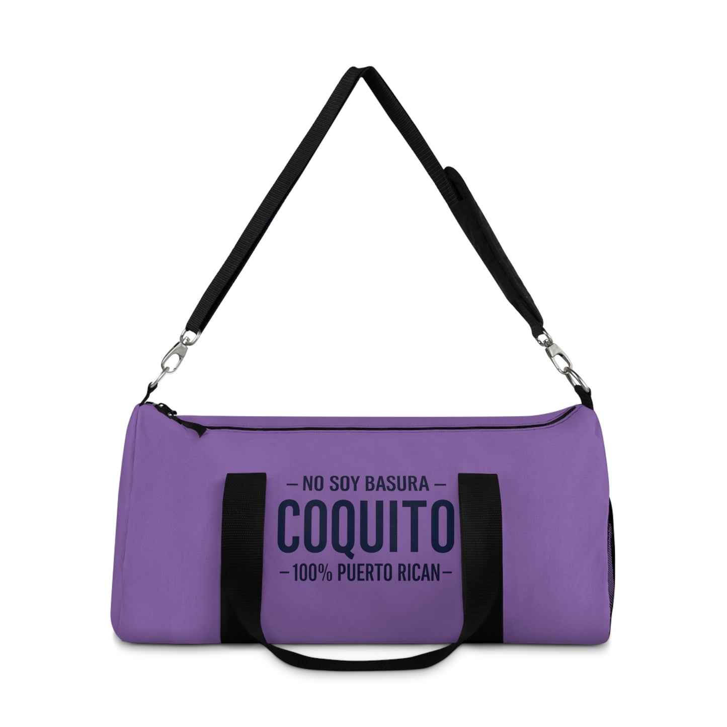 Lavender Coquito Duffel Bag — "No Soy Basura" 100% Puerto Rican Travel Gym Bag